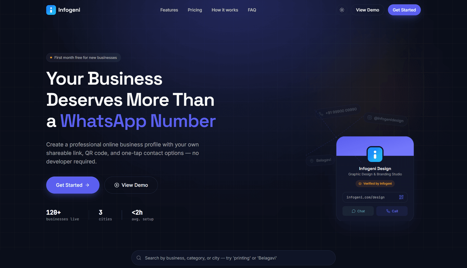 Infogeni landing page — hero headline, live stats and a business profile preview
